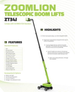 ZT30J Zoomlion Telescopic Boom 36 meters JLG 800AJ Genielift Working height Dubai Abudhabi boomlift rental sales service contract JLG Spareparts
