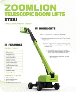ZT30J Zoomlion Telescopic Boom 40 meters JLG 1350SJ Z135 Genielift Working height Dubai Abudhabi boomlift rental sales service contract JLG Spareparts