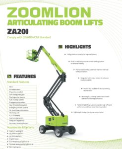 ZA20J Zoomlion Articulated Electric Battery Powered Boomlift JLG Genie Manlift forsale 16 22 meters